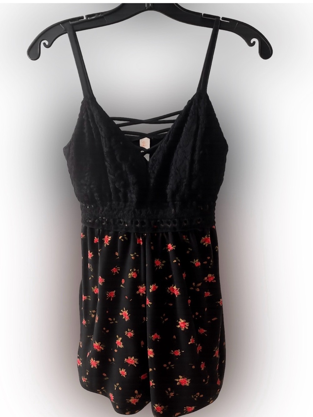 No Boundaries Black Floral Lace-Trim Chemise with Red Accents